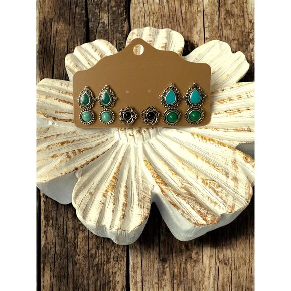 Vintage-Inspired Turquoise & Black Stud Earring Set – Boho Western 5-Pack - Picture 1 of 1